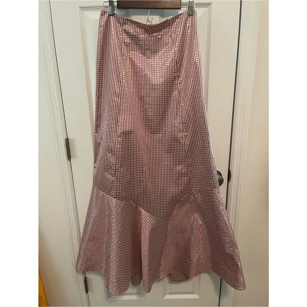 Brøgger Metallic Gingham Midi Skirt Designer Hem Pink M